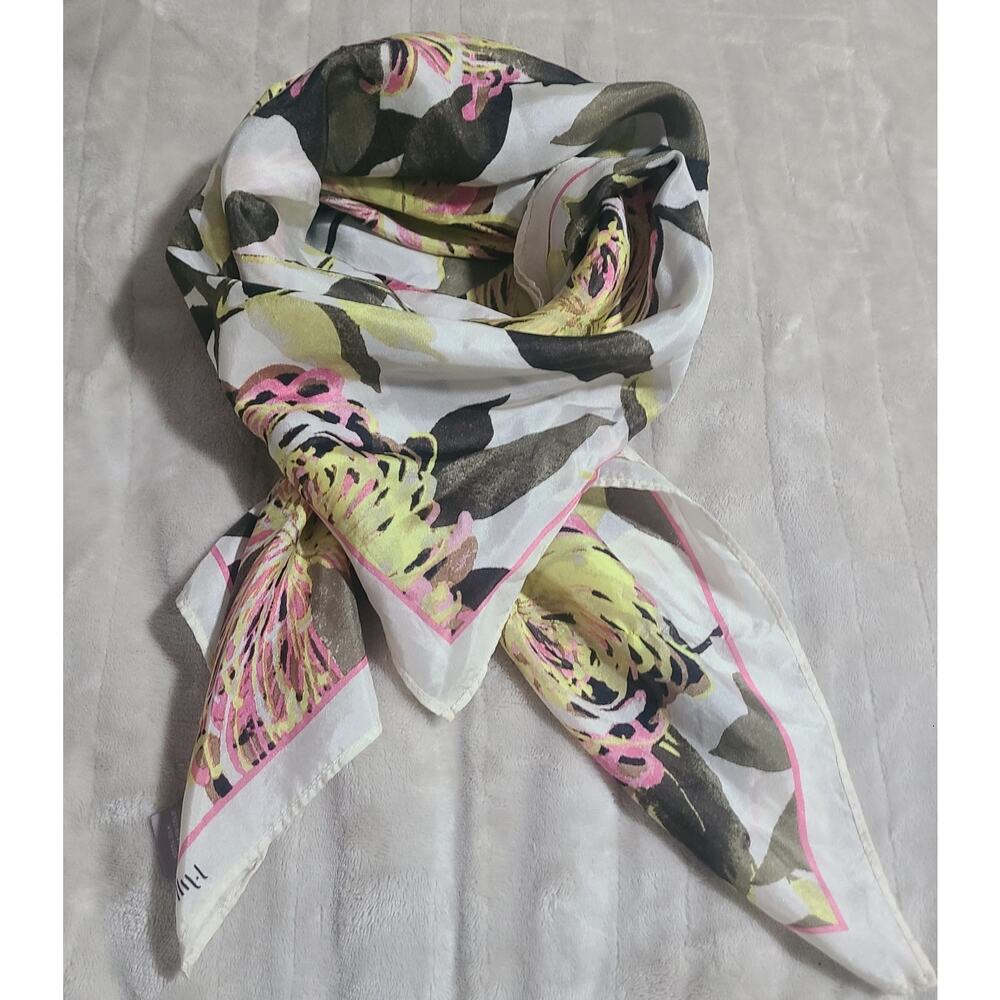 J Jill 100% Silk Floral Square Scarf Pink Green White Lightweight Wrap